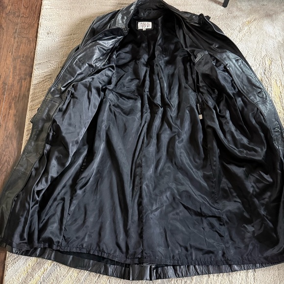 Vintage Pelle Black genuine Leather long trench Coat jacket tie belt large - Picture 4 of 15
